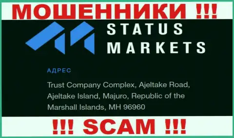 За грабеж клиентов internet-мошенникам Status Markets точно ничего не будет, ведь они спрятались в офшоре: Trust Company Complex, Ajeltake Road, Ajeltake Island, Majuro, Republic of the Marshall Islands, MH 96960