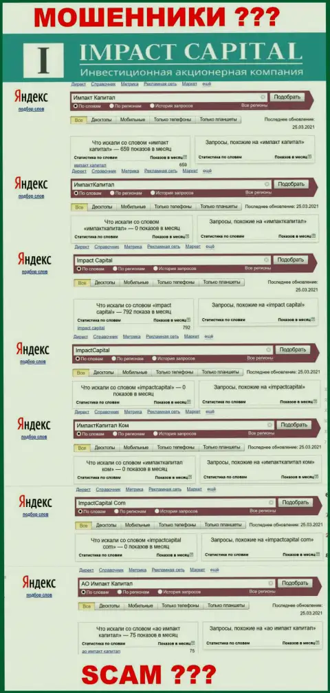 Показатели поисковых запросов по Импакт Капитал на web-сайте Вордстат Яндекс Ру