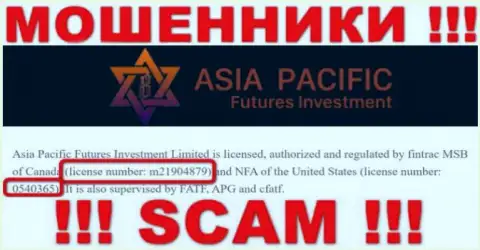 Asia Pacific Futures Investment Limited - это циничные КИДАЛЫ, с лицензией (данные с интернет-сервиса), разрешающей лишать денег доверчивых людей