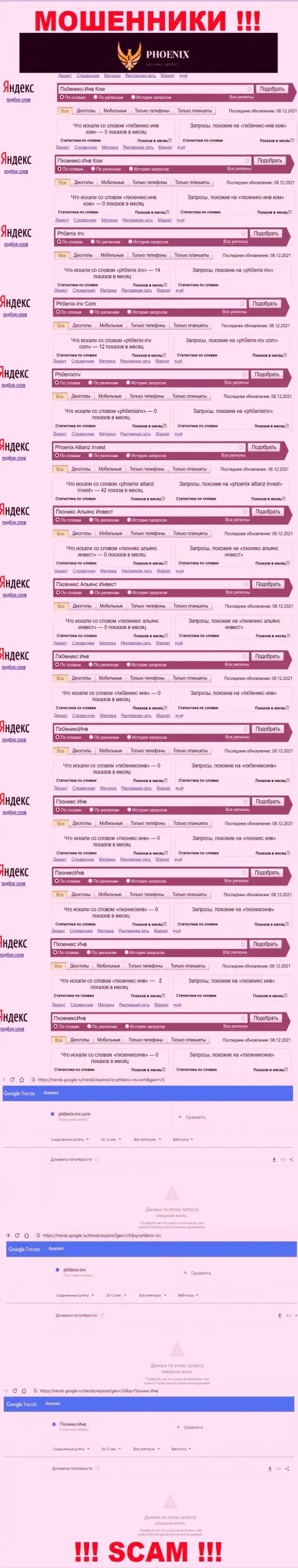 Скриншот итогов онлайн запросов по жульнической организации Ph0enix-Inv Com