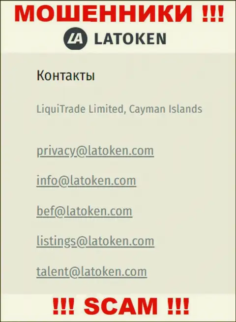Адрес электронной почты, который internet обманщики Latoken Com указали у себя на официальном web-сервисе