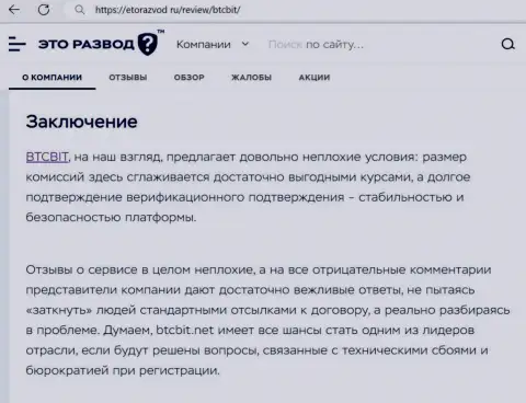 Заключение к публикации об обменном online пункте BTC Bit на сайте etorazvod ru