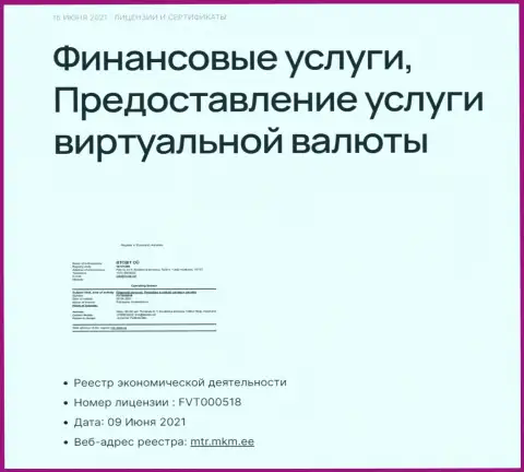 Лицензия интернет-обменника BTCBit Sp. z.o.o. на оказание услуг с криптой