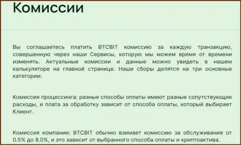 Комиссионные отчисления за сделки в обменном пункте BTCBit