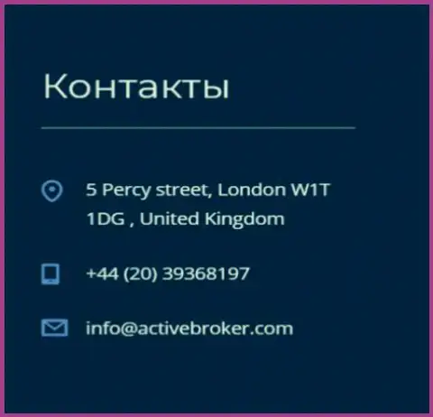Адрес головного офиса Форекс компании Актив Брокер, предоставленный на сайте указанного Форекс дилера